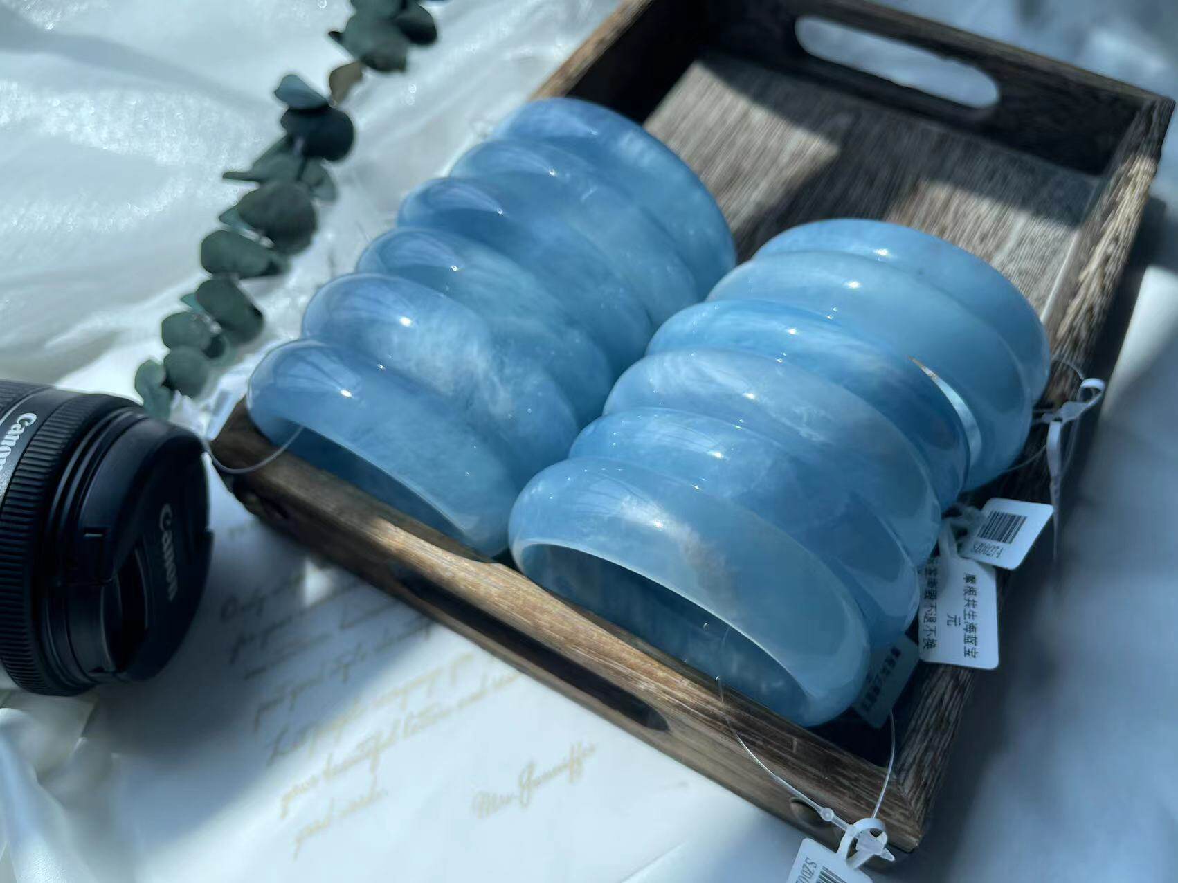一物一图冰种海蓝宝手镯魔鬼蓝绿柱石原石圆条加宽天然水晶镯子女