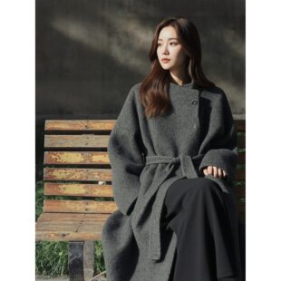 深灰色羊绒大衣女中长款秋冬宽松茧型纯羊毛大衣系带毛呢外套