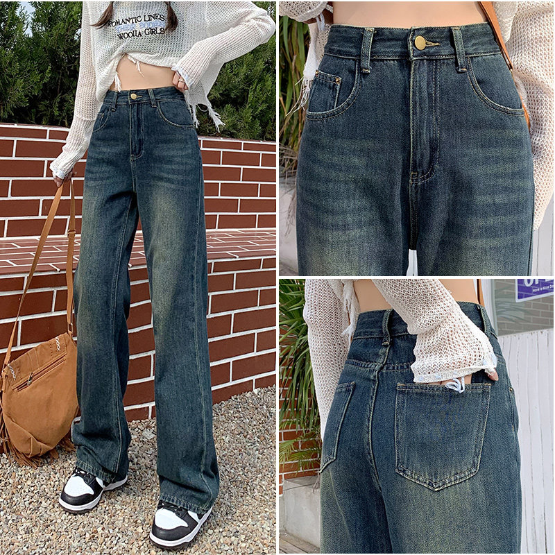 复古阔腿牛仔裤女2025新款高腰小个子显瘦直筒宽松裤子秋季