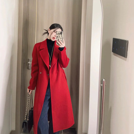 红色结婚双面羊绒大衣女2025新款冬季中长款修身气质羊毛呢子外套