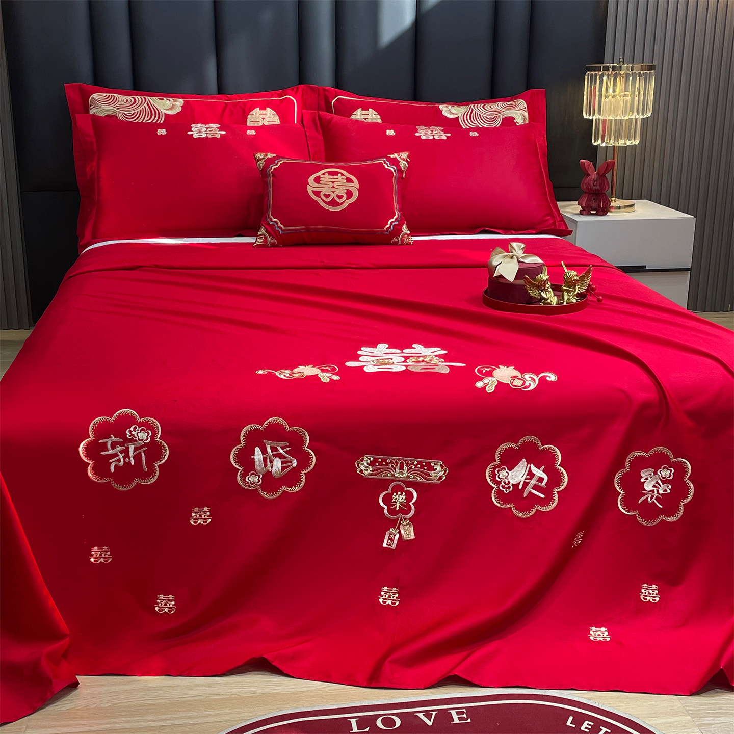 结婚大红色床单单件新娘婚房布置出嫁陪嫁全棉中式喜事被单三件套
