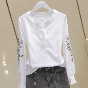 V领系扣泡泡袖 上衣秋季 纯棉衬衫 长袖 衬衣女 宽松大码 2026春新韩版