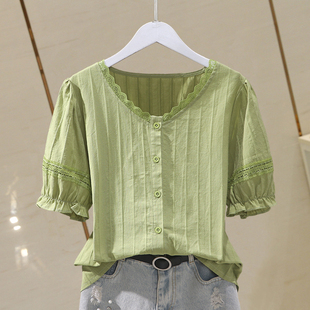 草绿色棉布衬衫女爆款上衣2025夏季灯笼短袖洋气气质百搭拼接上衣