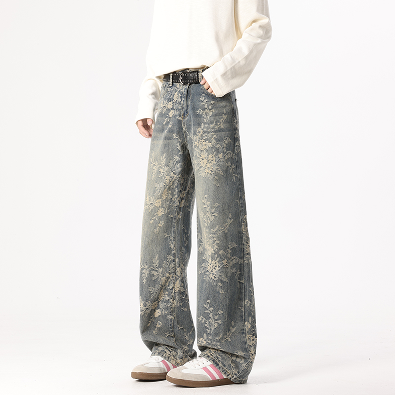 男款裤子牛仔裤美式休闲微喇叭提花牛仔日式韩流复古港风美式