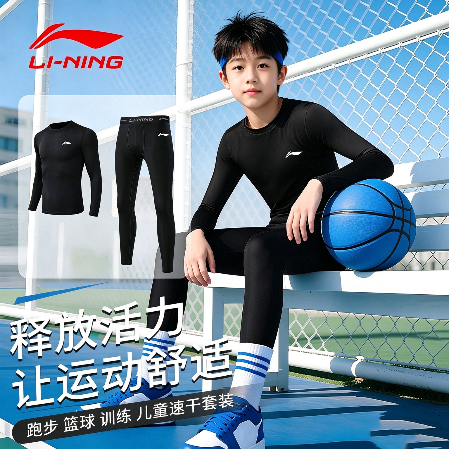 李宁儿童紧身衣训练服健身衣篮球服打底速干足球男童运动套装秋冬