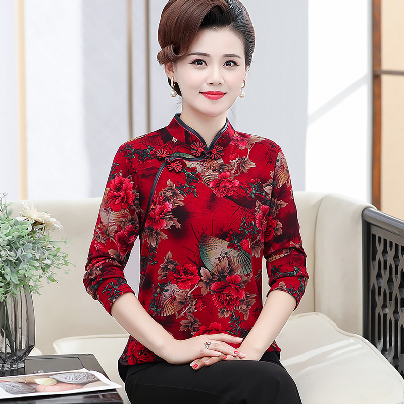 中年妈妈秋装上衣新款中老年春秋打底衫长袖T恤洋气旗袍冬装加绒