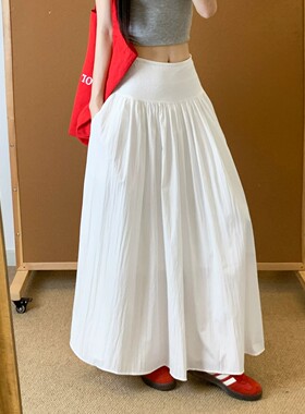 韩国白色半身长裙轻奢高级感女夏季2026新款褶皱高腰a字大摆伞裙