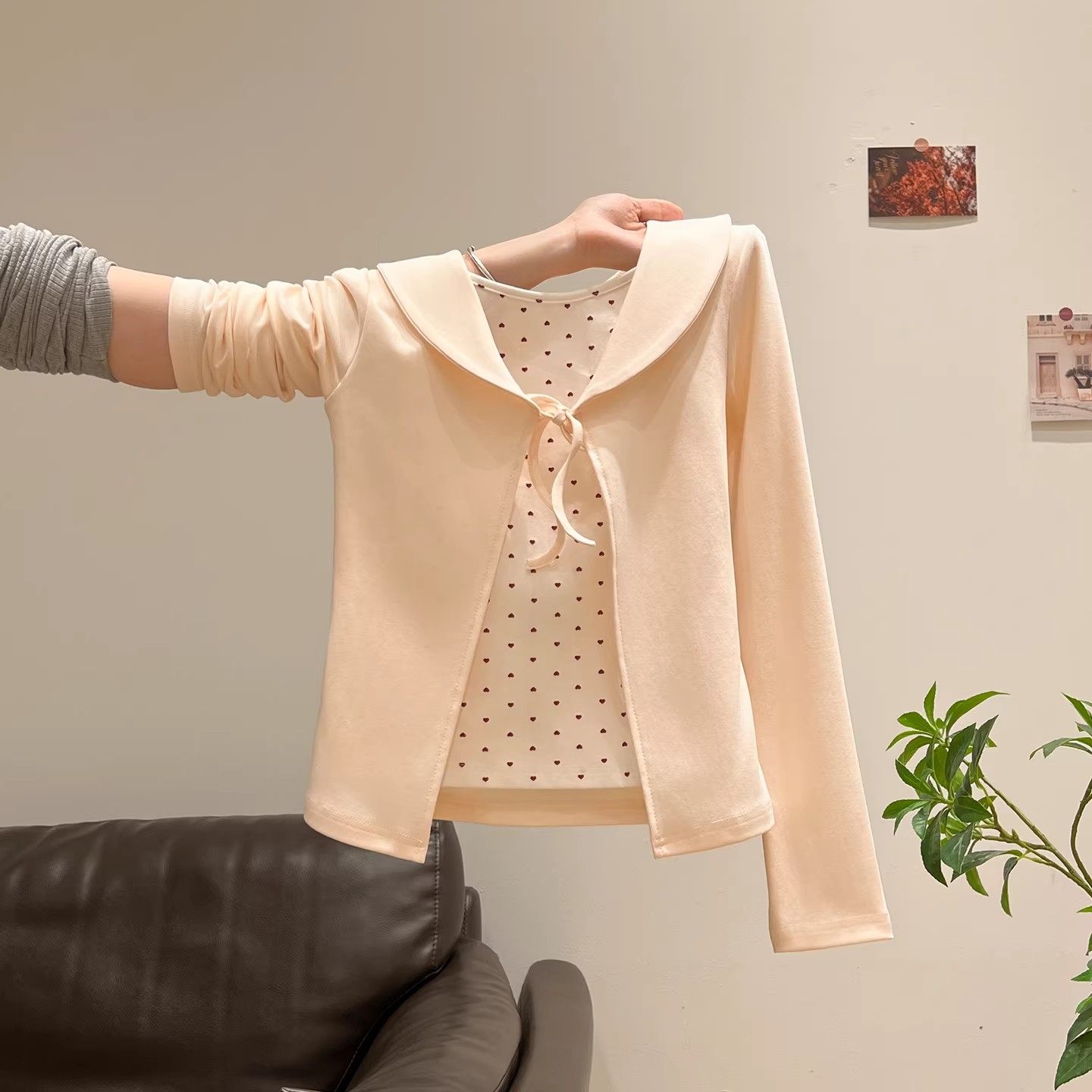 韩国甜美粉色波点海军领假两件长袖T恤2026春季新款修身上衣女装,女装/女士精品,T恤,淘宝优惠券,粉丝福利购,淘宝优惠卷