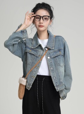 韩国水洗蓝牛仔外套女2026春季新款POLO领牛仔褂夹克短款宽松上衣
