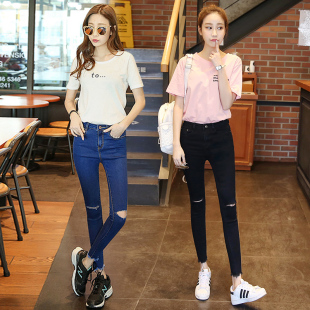 韩国秋季新款高腰牛仔裤女修身显瘦弹力小脚裤韩版膝盖破洞九分裤