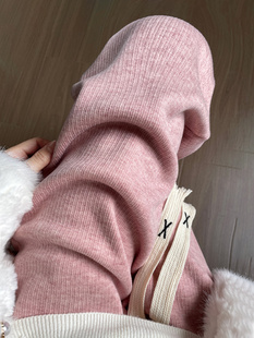 韩国针织阔腿裤女春秋季2025新款粉色仿羊绒糯米冬加绒窄版直筒裤