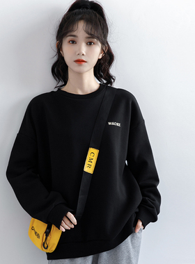 韩国2026年新款黑色圆领卫衣女春秋休闲宽松慵懒风显瘦百搭上衣冬