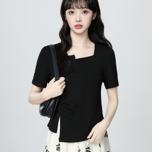 上衣 韩国黑色方领短袖 女2025夏季 新款 不规则褶皱开叉体恤正肩短款