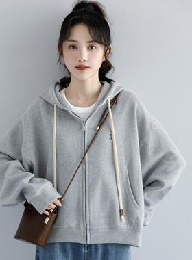 韩国2025新款灰色卫衣外套女秋冬短款拉链开衫小个子宽松连帽上衣