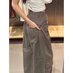 小个子高腰显瘦宽松休闲弯刀阔腿裤 女夏2026新款 裤 韩国军绿色工装