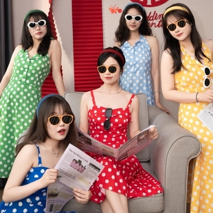 港风多巴胺穿搭8090年代复古女装结婚伴娘拍照晨袍波点背心连衣裙