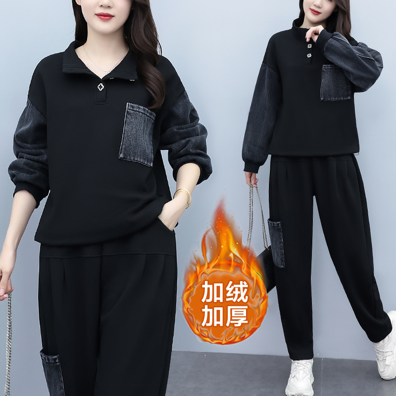 专柜品质冬季加绒套装女宽松卫衣拼接牛仔立领加厚两件套大码女装