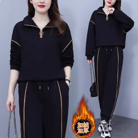 春秋新款一整套卫衣长袖大码女装遮肚长裤中老年时尚两件套套装女