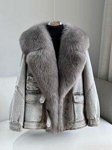 冬季狐狸毛领皮草外套女装中长款牛仔派克羽绒服时尚反季清仓大衣