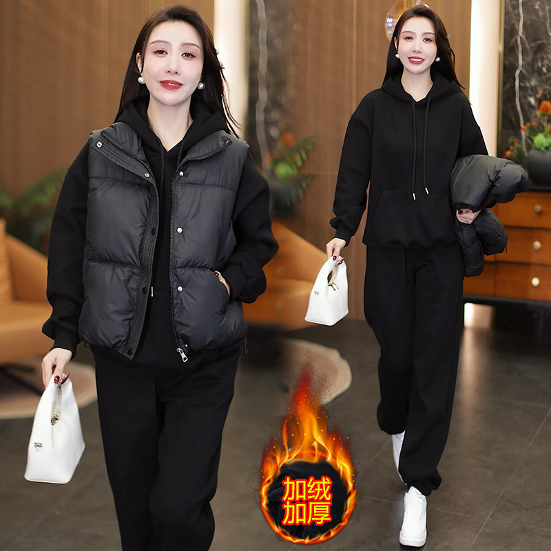 专柜品质加绒加厚棉马夹冬季卫衣连帽中老年保暖百搭秋冬三件套女,女装/女士精品,大码套装,淘宝优惠券,粉丝福利购,淘宝优惠卷