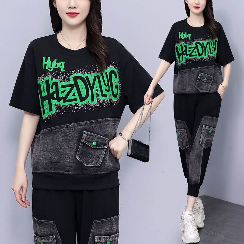 一整套牛仔拼接夏季套装女不起球不掉色短袖卫衣大码女装两件套潮