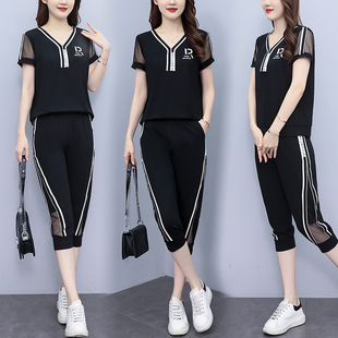 v领上衣七分裤 休闲运动夏季 女减龄显瘦短袖 套装 胖mm两件套女 新款