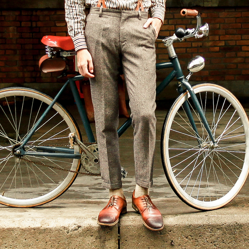 男士秋冬羊毛呢商务休闲西裤宽松直筒九分裤英伦风复古人字纹长裤