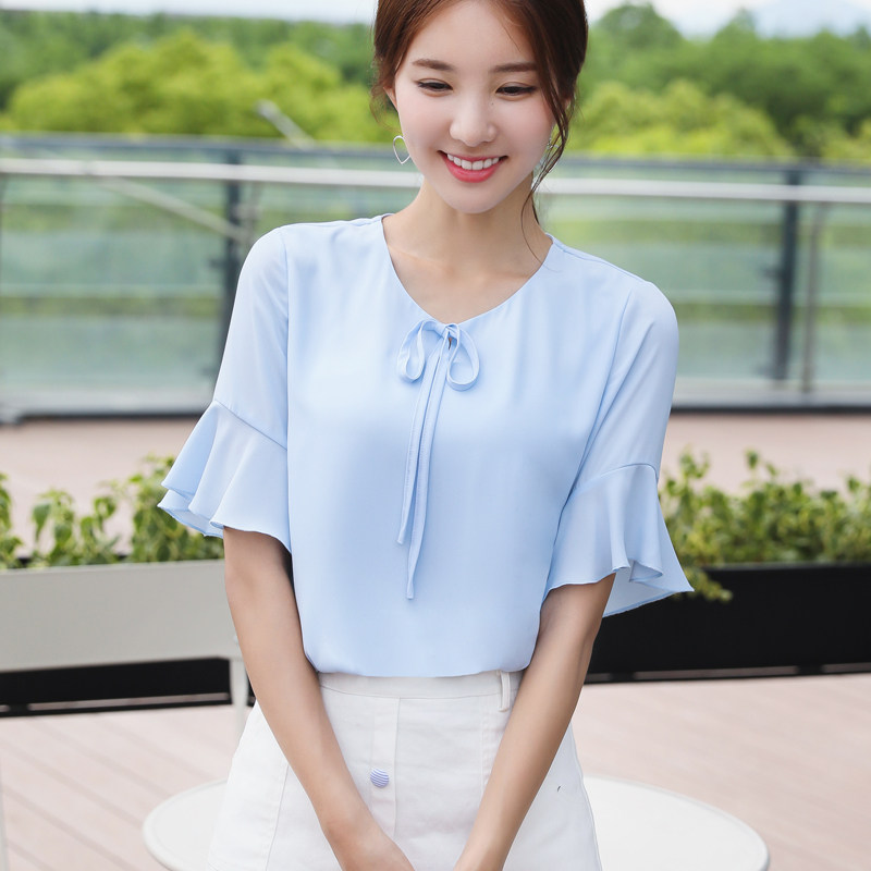 Reiko Jans 2019 Summer wear new pattern Chiffon shirt Short sleeved Women's wear pagoda sleeve jacket Gentle Show thin shirtin the Women's clothing/Boutique , Shirt  category - from Buy2taobao.com to provide professional Taobao agent buy service