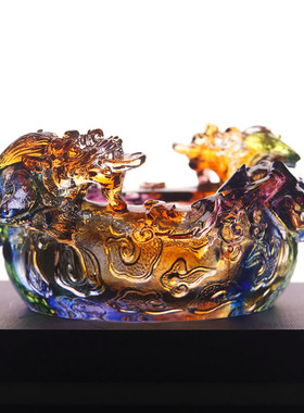 珍悦古法琉璃双狮聚宝盆摆件
