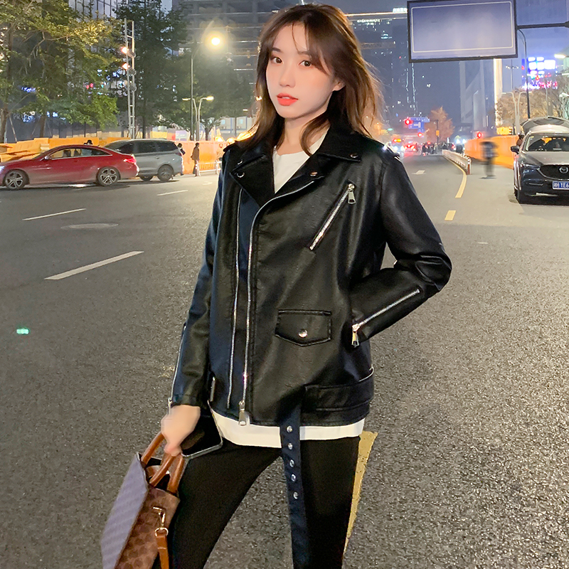 女士水洗皮衣外套2021新款春秋加绒短款宽松Pu夹克显瘦机车皮上衣