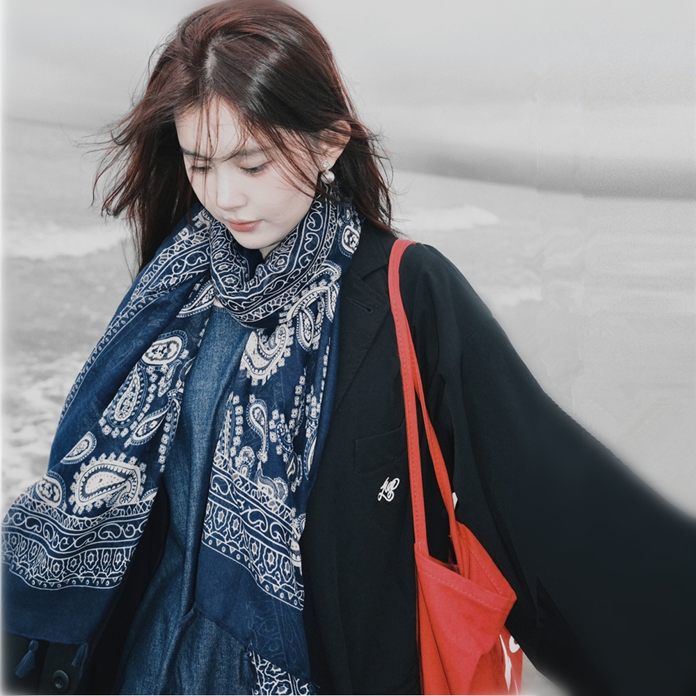 复古民族风腰果印花流苏棉麻围巾