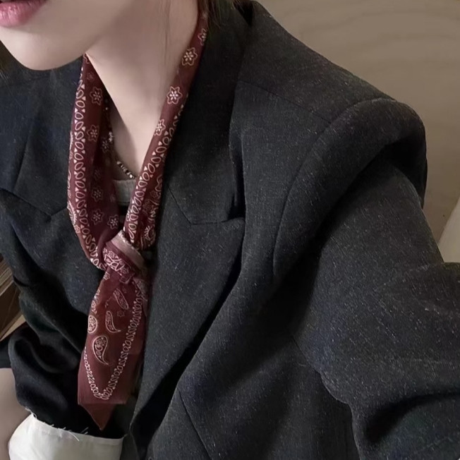 酒红色小碎花领带手打款复古日系休闲方巾领巾脖子配饰高级感丝巾