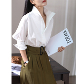 女 夏季 韩版 立领白色衬衫 新疆纯棉休闲百搭v领宽松上衣蝙蝠七分袖