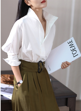 立领白色衬衫女 夏季韩版新疆纯棉休闲百搭v领宽松上衣蝙蝠七分袖