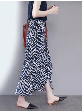 不规则印花高腰半身长裙2025春夏港味沙滩系带层叠蓝色半身裙