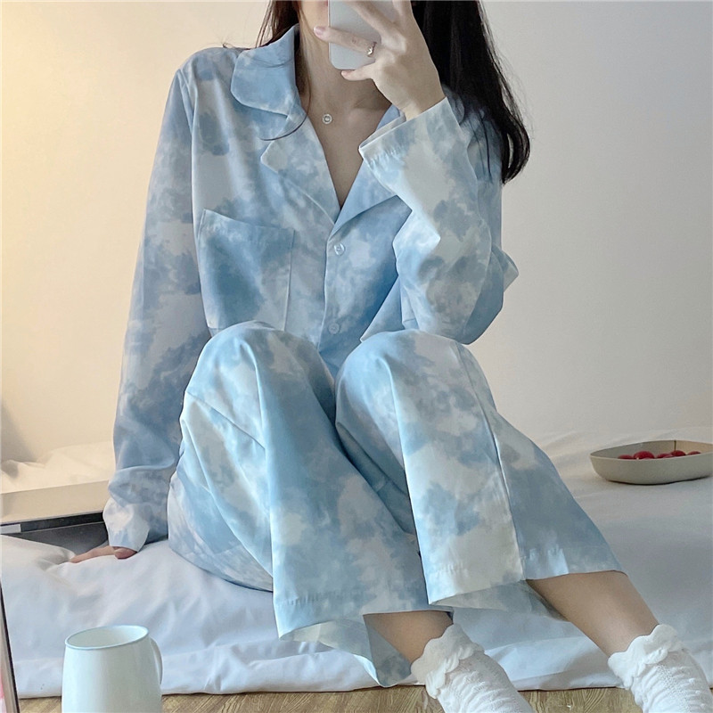 新款韩版ins长袖长裤睡衣女秋冬宽松开衫可爱甜美扎染家居服套装