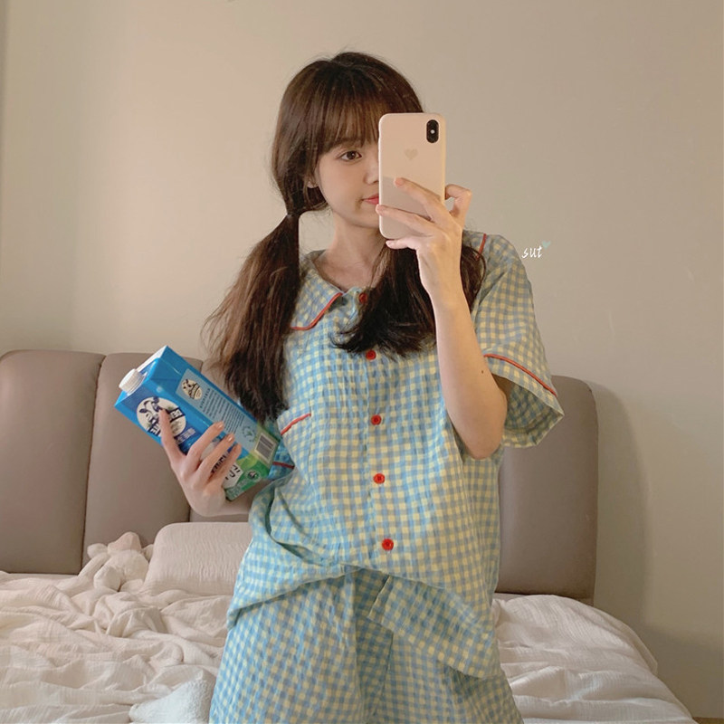 韩版睡衣女夏季格子学生可爱甜美少女短袖短裤ins潮可外穿家居服