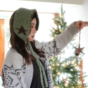 PANCY可爱复古系带耳罩星星圣诞氛围感耳暖保暖护耳发带绑带耳套