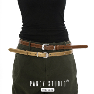 PANCY时髦漆皮！亮面质感细款真皮皮带复古腰带高级感配牛仔裤