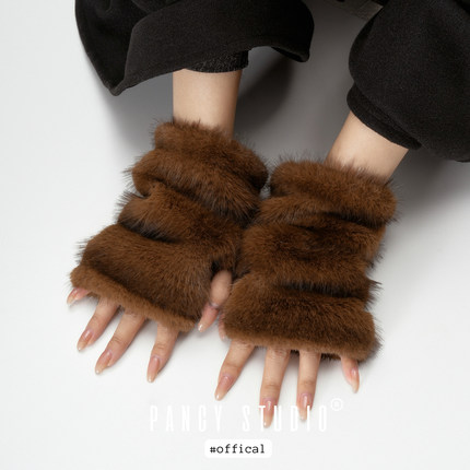 【新品85折】01/11 12:00 原创自制仿皮草半指手套毛绒露指