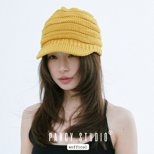 PANCY小众明黄色针织帽包头帽四季百搭鸭舌毛线帽马术帽日韩酷
