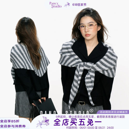 舒适老钱风~条纹披肩打结三角巾