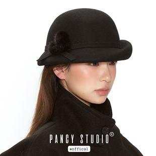 PANCY留洋千金~赫本风羊毛呢礼帽贝雷帽法式复古气质黑色圆顶帽子