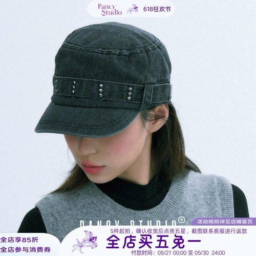 PANCY复古铆钉牛仔鸭舌帽做旧百搭小众平顶遮阳帽y2k辣妹画家帽子