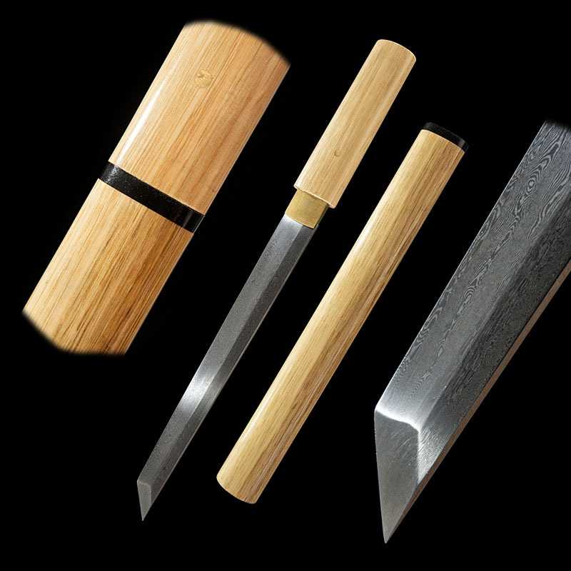 外贸日本短刀花纹钢手工小刀一体居合直刀冷兵器胁差收藏未开刃