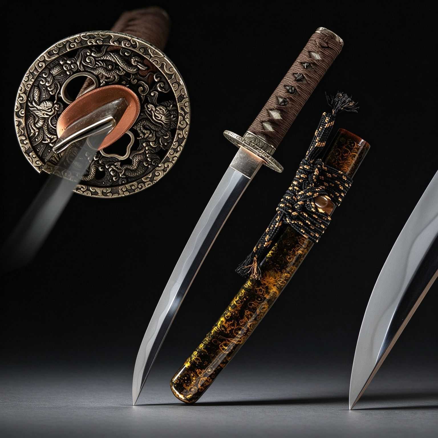 外贸手工一体胁差短刀日本刀东洋居合刀武士道复古龙纹刀镡未开刃