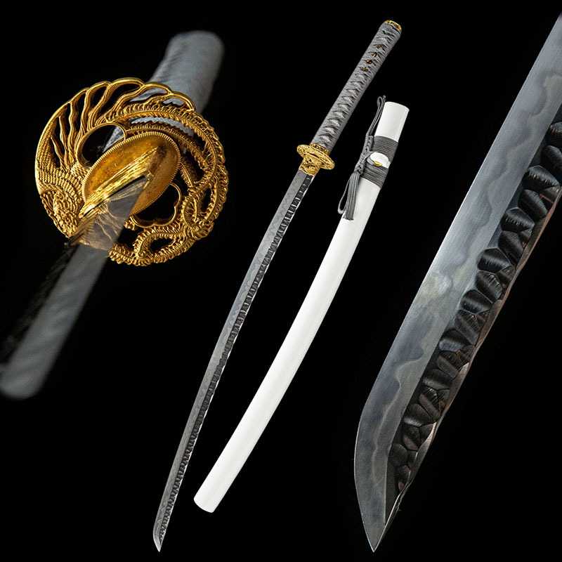 武士刃日式打刀katana凤凰镂空铜刀镡白鞘覆土烧刃龙泉刀剑未开刃