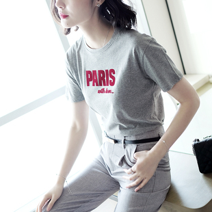 法式气质休闲植绒字母纯灰色t恤女宽松短袖女ins潮新款减龄潮