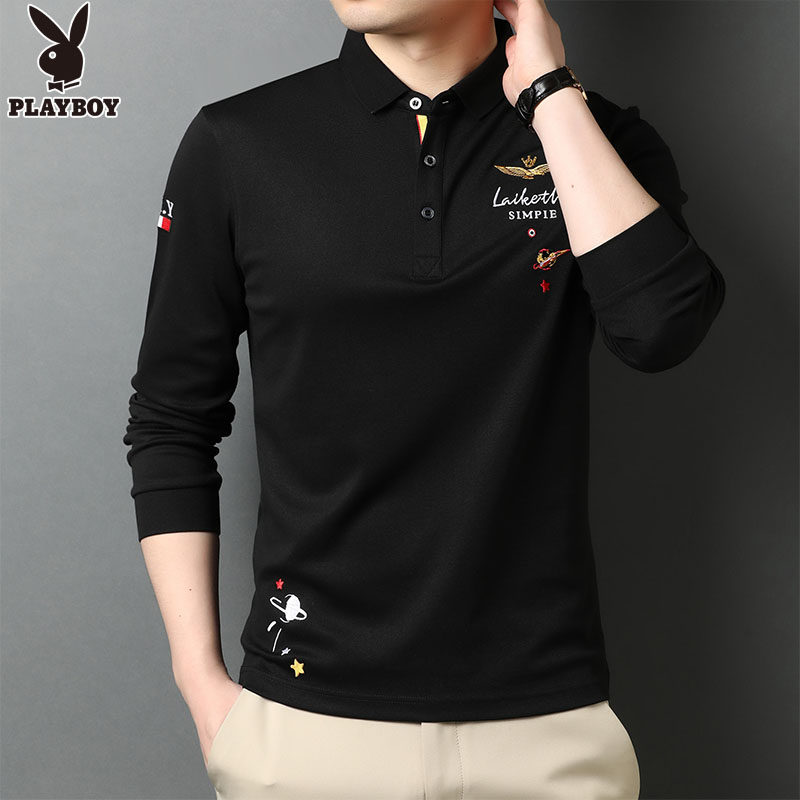 花花公子长袖t恤男2020秋季休闲翻领polo衫男装时尚绣花T恤上衣潮