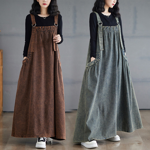吊带长款 2024秋冬新款 裙子宽松显瘦牛仔背带裙大摆连衣裙 女装 大码
